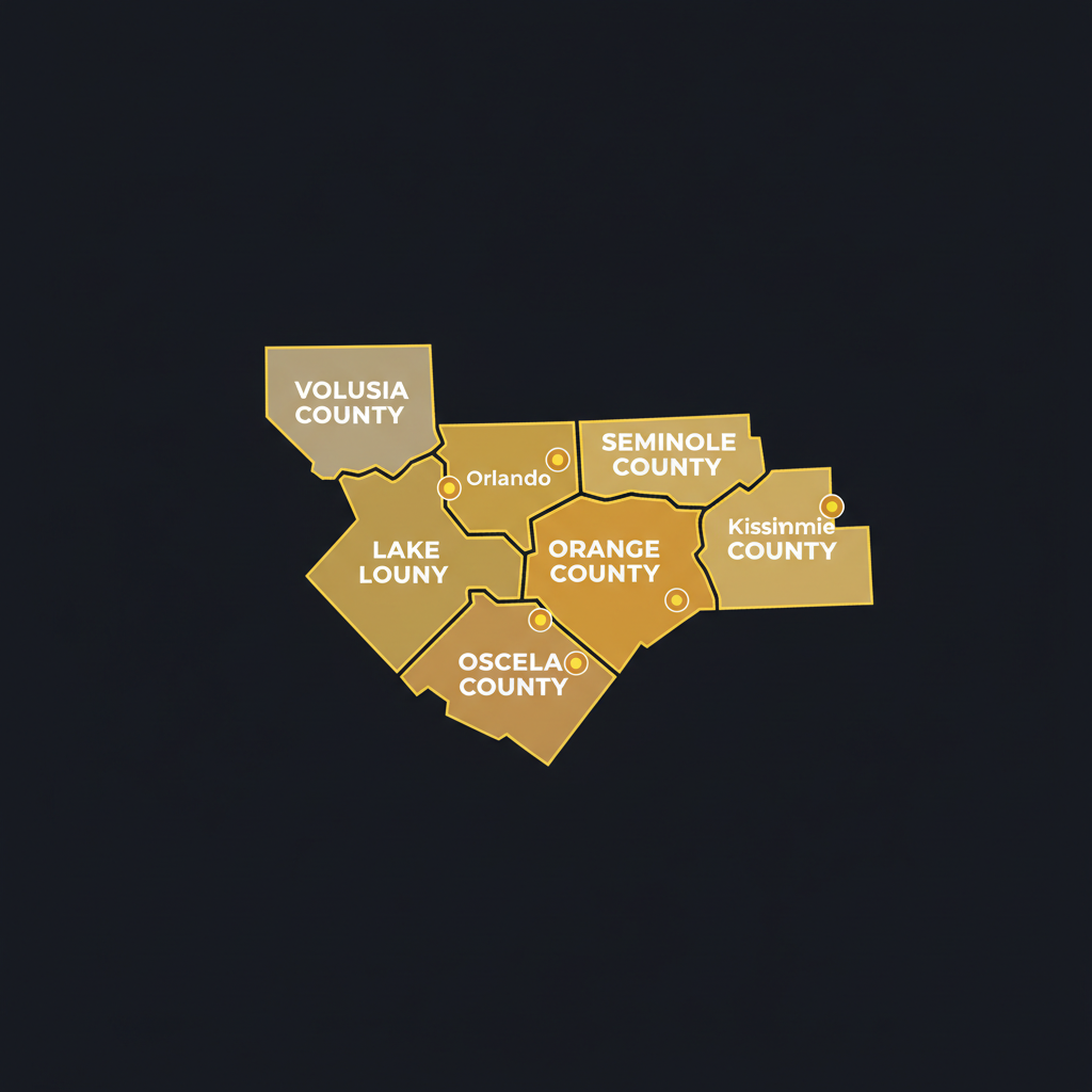Map of Central Florida counties where EAi Property Solutions buys — Orange, Seminole, Osceola, Lake, and Volusia counties